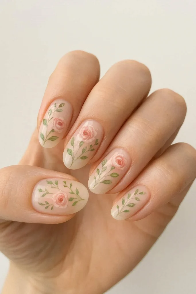 Garden inspired floral and leaf spring nail art designs 
