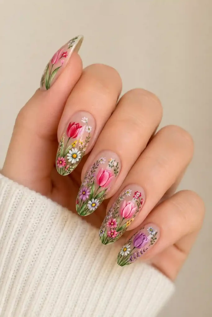 Garden inspired tulip nails with lush botanical floral mix and spring blooms 