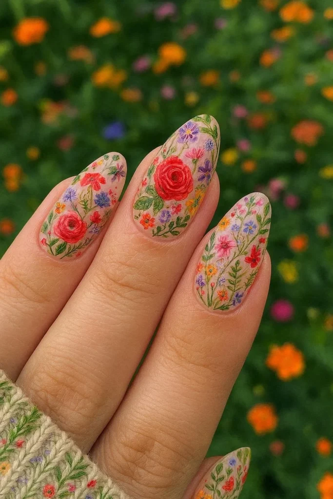 Garden inspired nail designs with rich layered floral mix 
