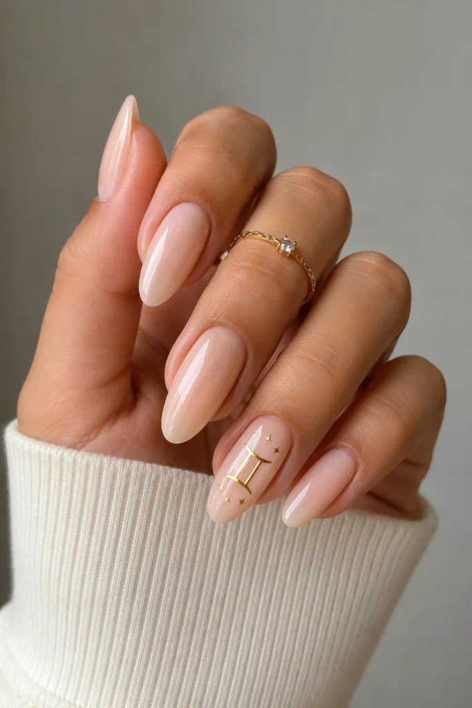 Gemini symbol accent nails with minimal nude base design