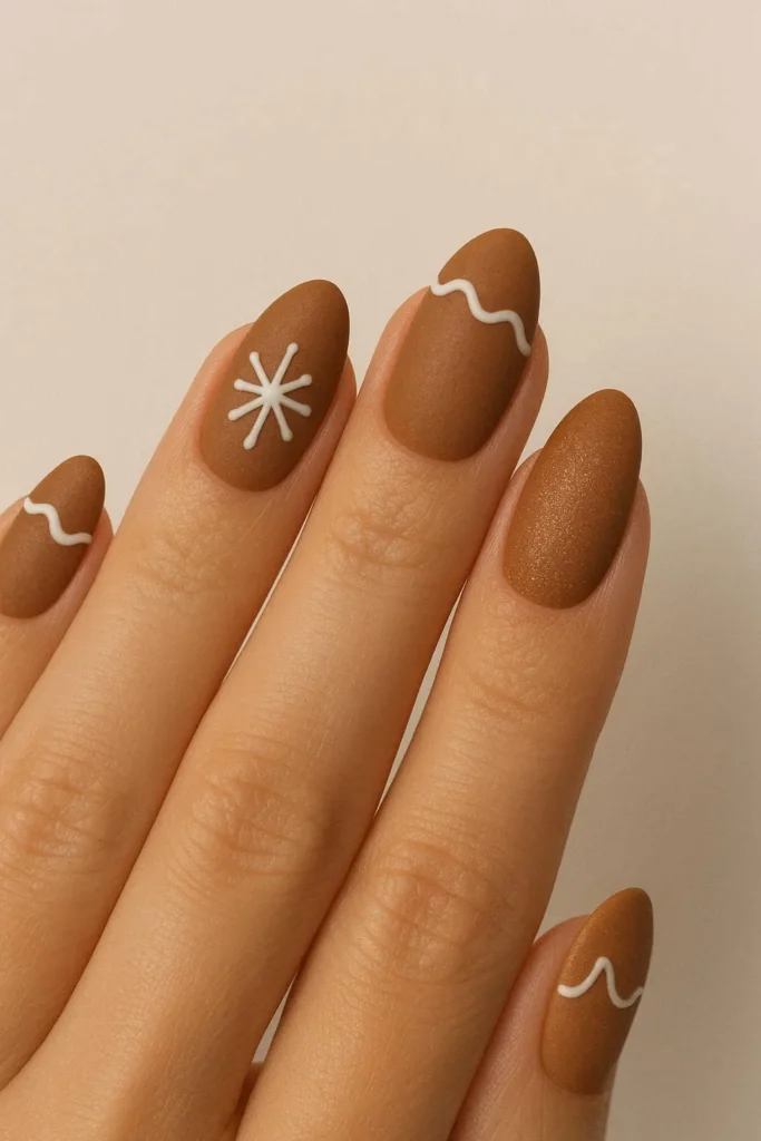 Gingerbread latte brown matte nails with icing details