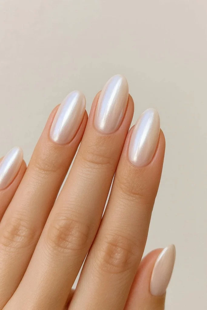 Glazed donut chrome nails with pearl shimmer finish