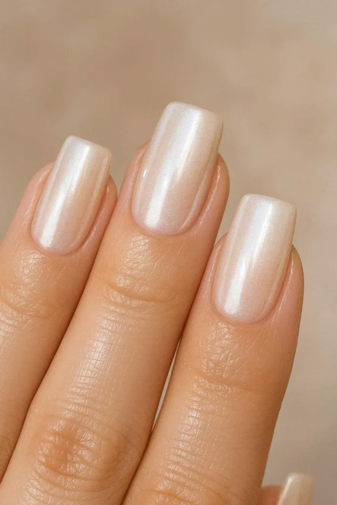 Glazed donut square nails pearlescent shiny champagne finish
