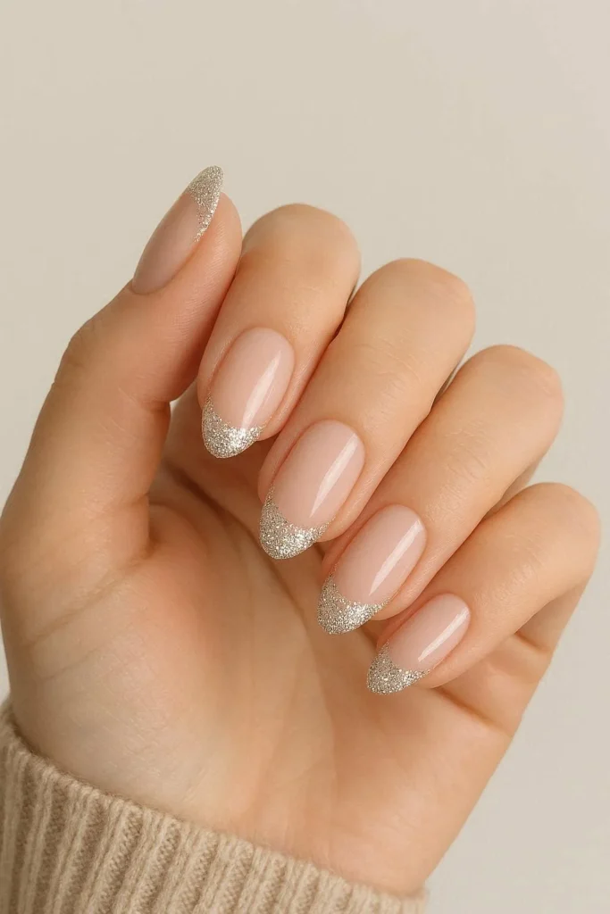 Sparkling glitter French tip nails for festive winter season 