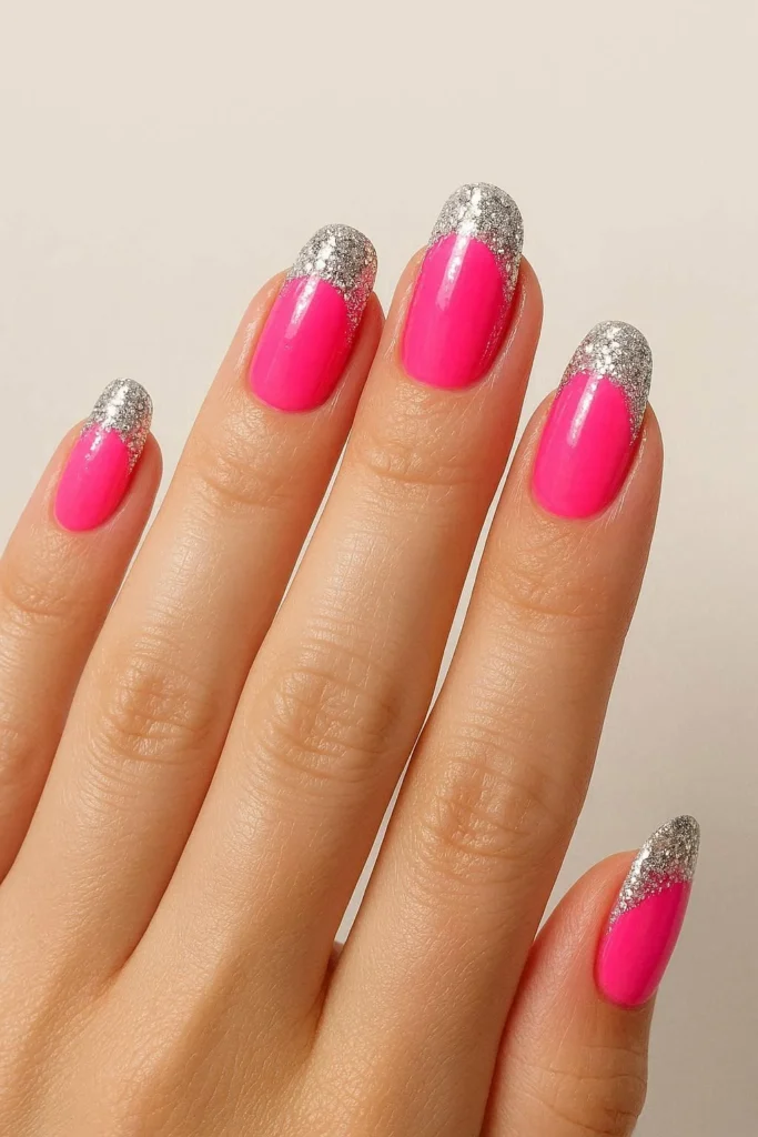Sparkly glitter French tip nails in bold Y2K colors