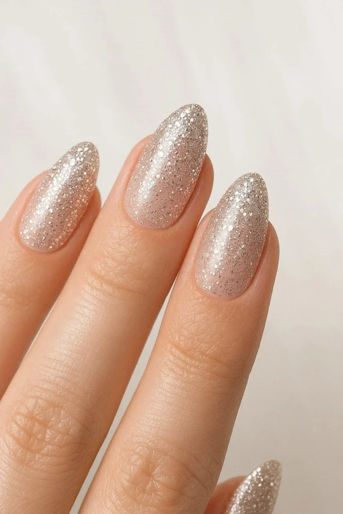 Glitter ombre graduation nails fading into soft nude base