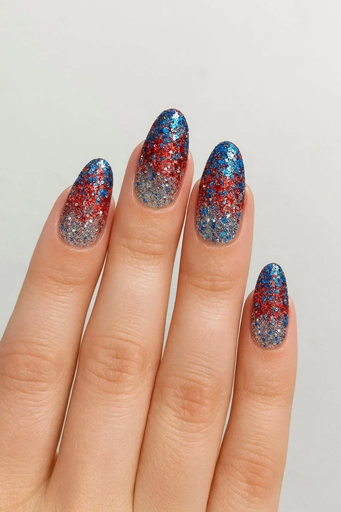 Glitter patriotic nails in red silver and blue sparkle