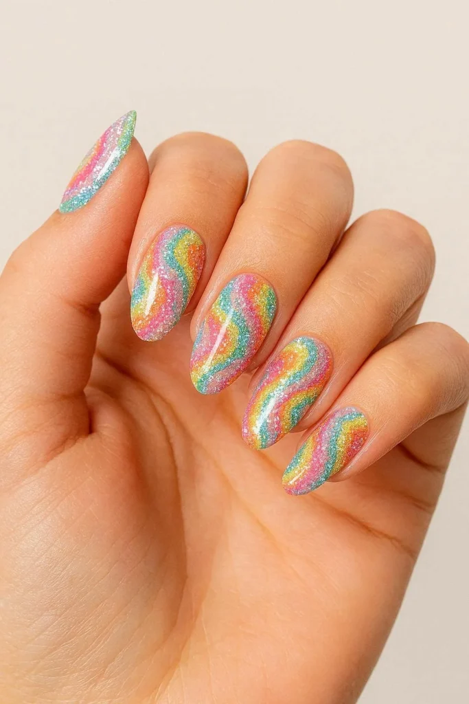 Glitter pucci nails with sparkle layered over colorful swirl designs