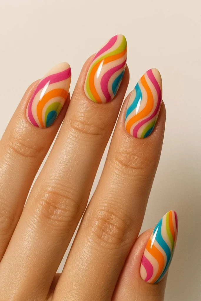 Glossy almond pucci nails with vibrant retro swirl patterns