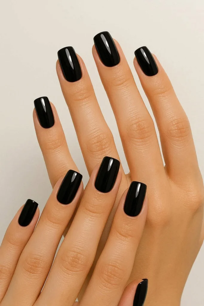Glossy black plain nail ideas with sleek bold high-shine finish