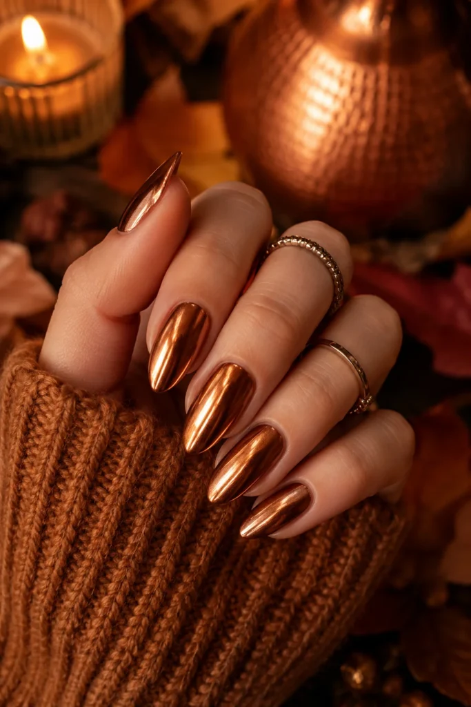 Glossy chestnut brown oval nails for rich cozy Thanksgiving manicure