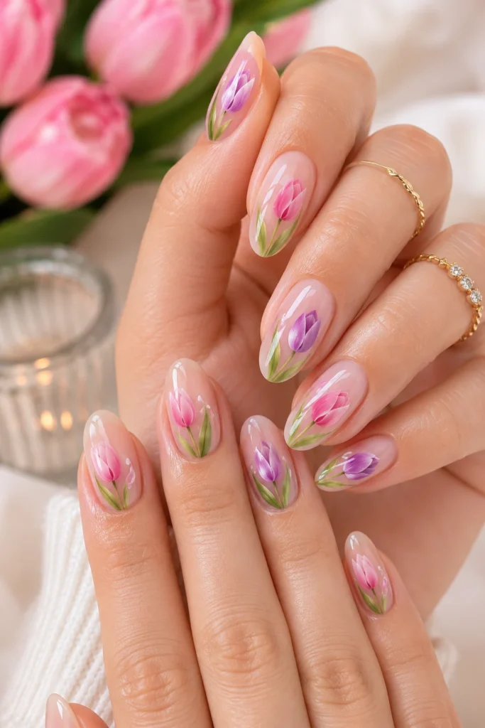 Glossy floral tulip nails with high-shine lacquered finish and petal details