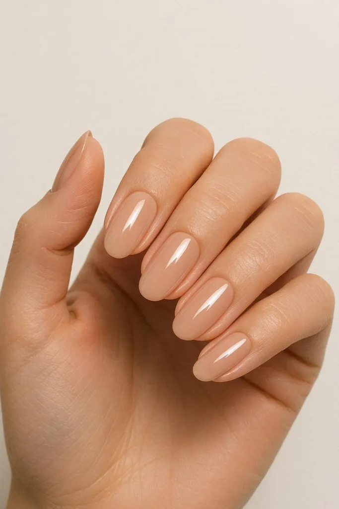 Glossy nude polished spring nails natural shine manicure 