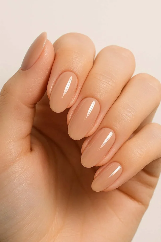 Glossy nude oval nails with high-shine finish on elongated shape