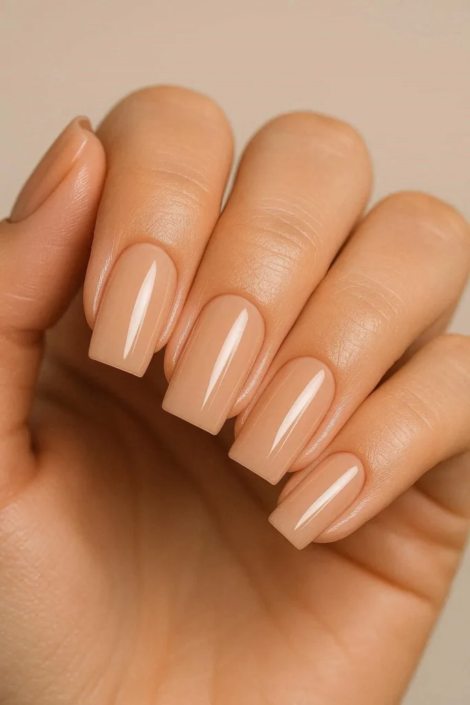 Glossy nude square nails elegant high-shine skin-tone manicure