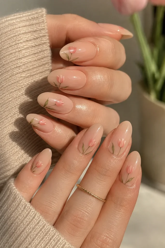  Glossy nude tulip nails with high-shine finish and soft floral details