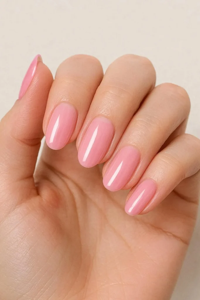 Glossy pink may nails with elegant shine for spring