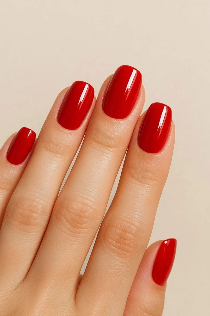 Glossy red nails with a classic high-shine finish