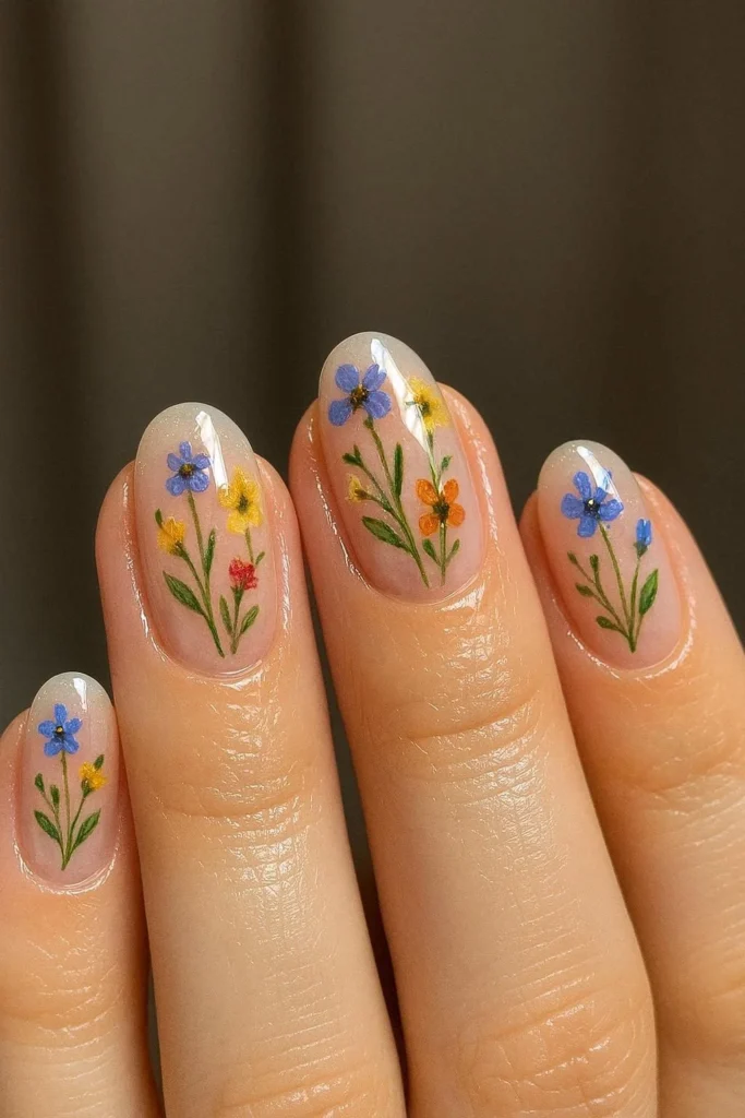 Glossy wildflower nails with shiny high shine floral finish 