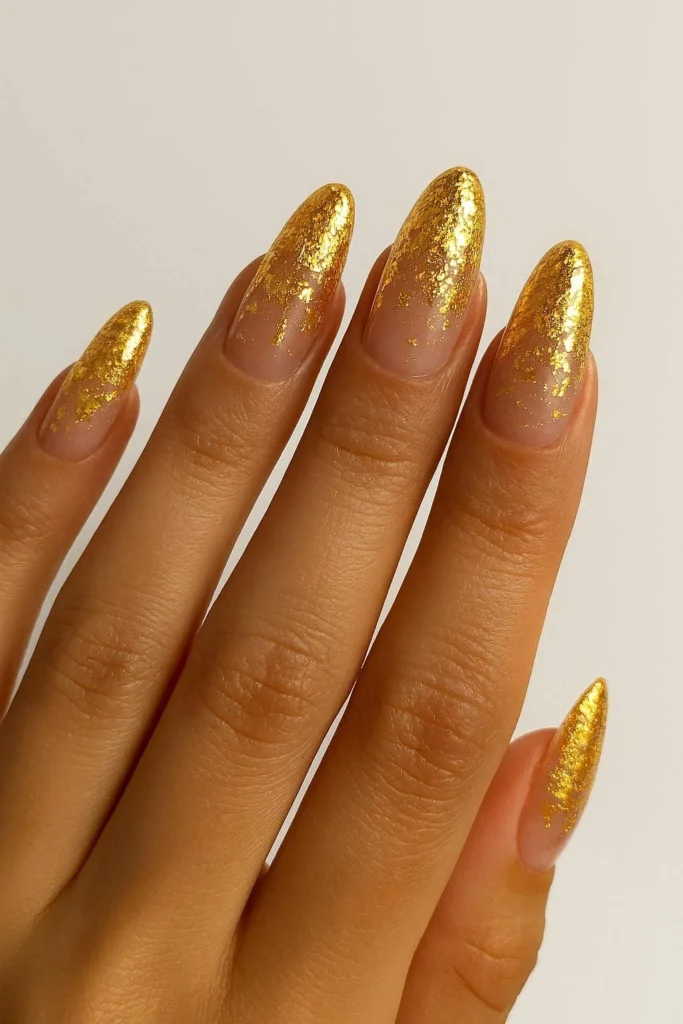 Gold accent baddie nails with metallic foil luxe glam finish
