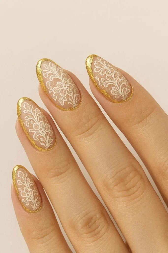  Romantic lace nail designs with warm shimmering gold foil accents