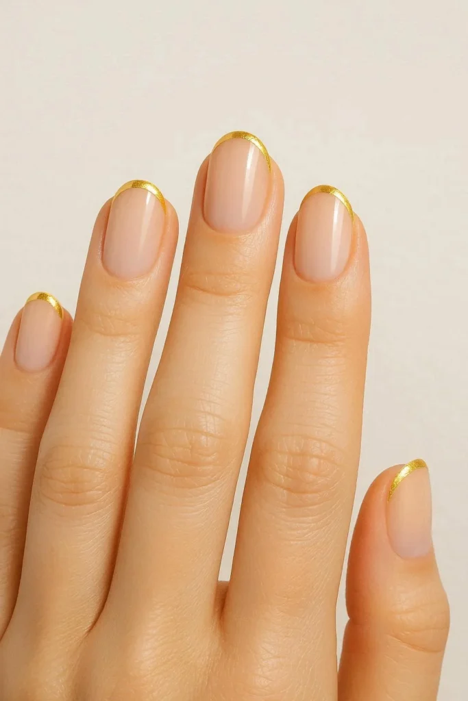 Metallic gold accent nails over neutral base trending design