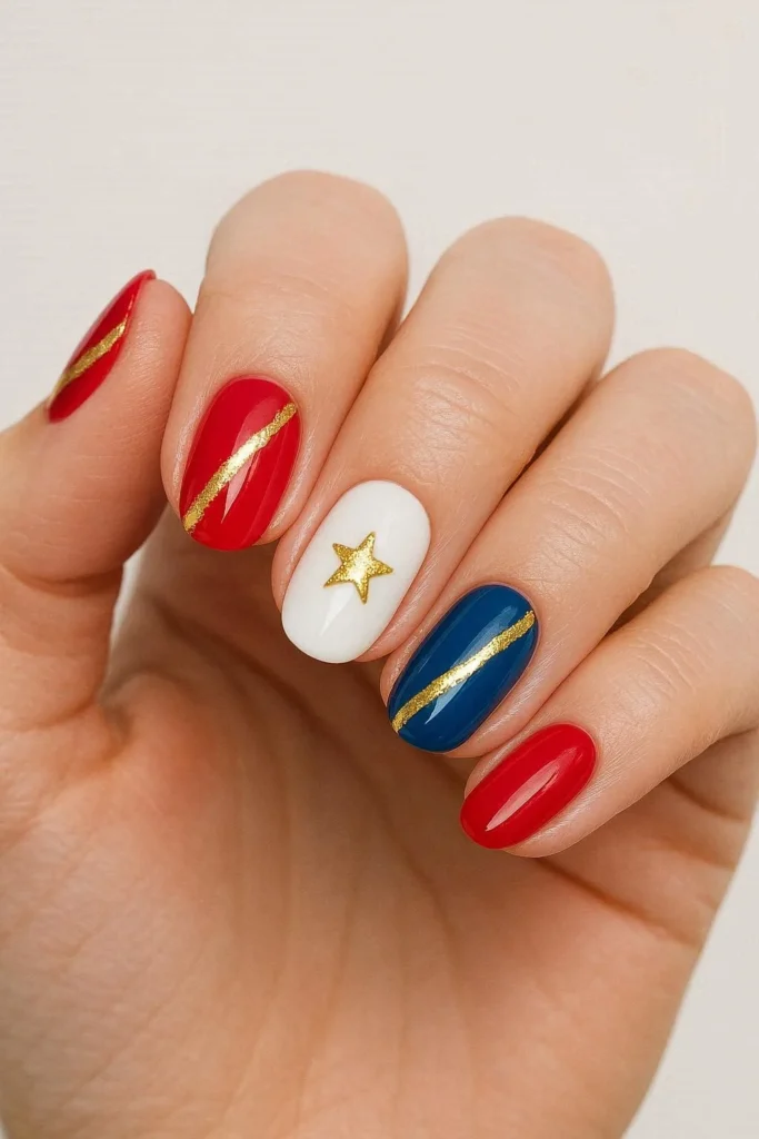 Gold accent patriotic nails with metallic foil details