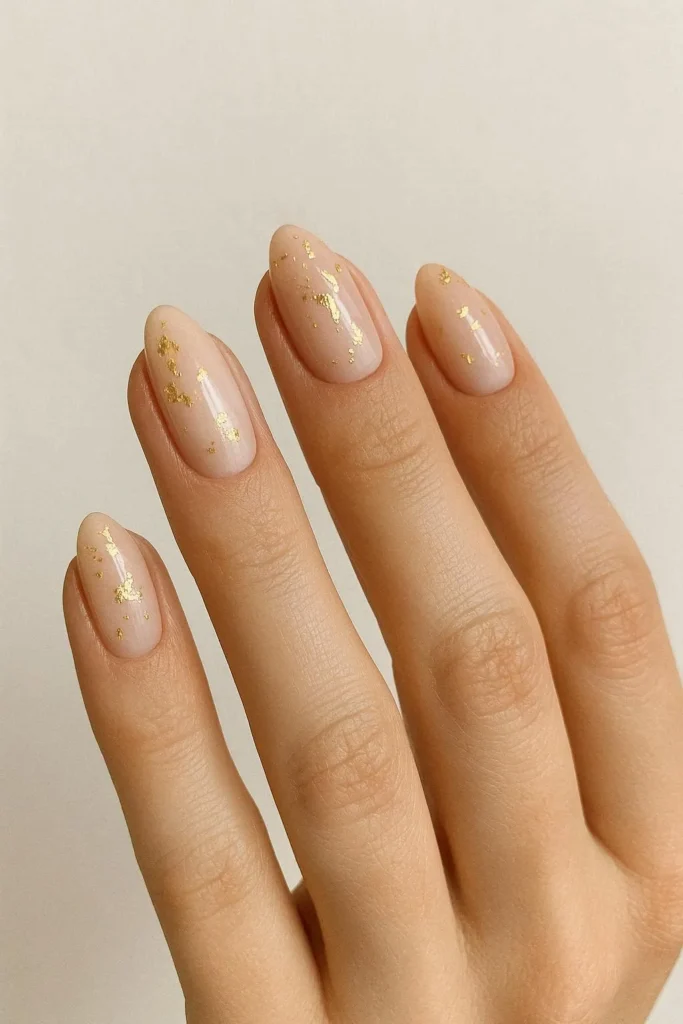 Elegant gold foil accent winter nails on a neutral base