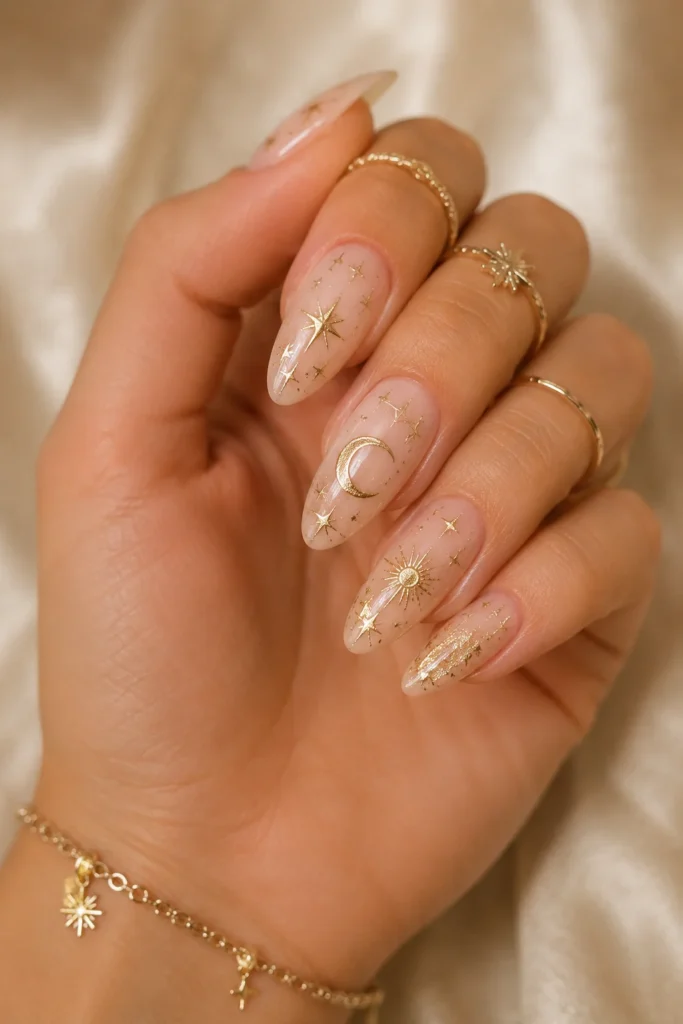 Gold celestial nails with stars and moons over nude base