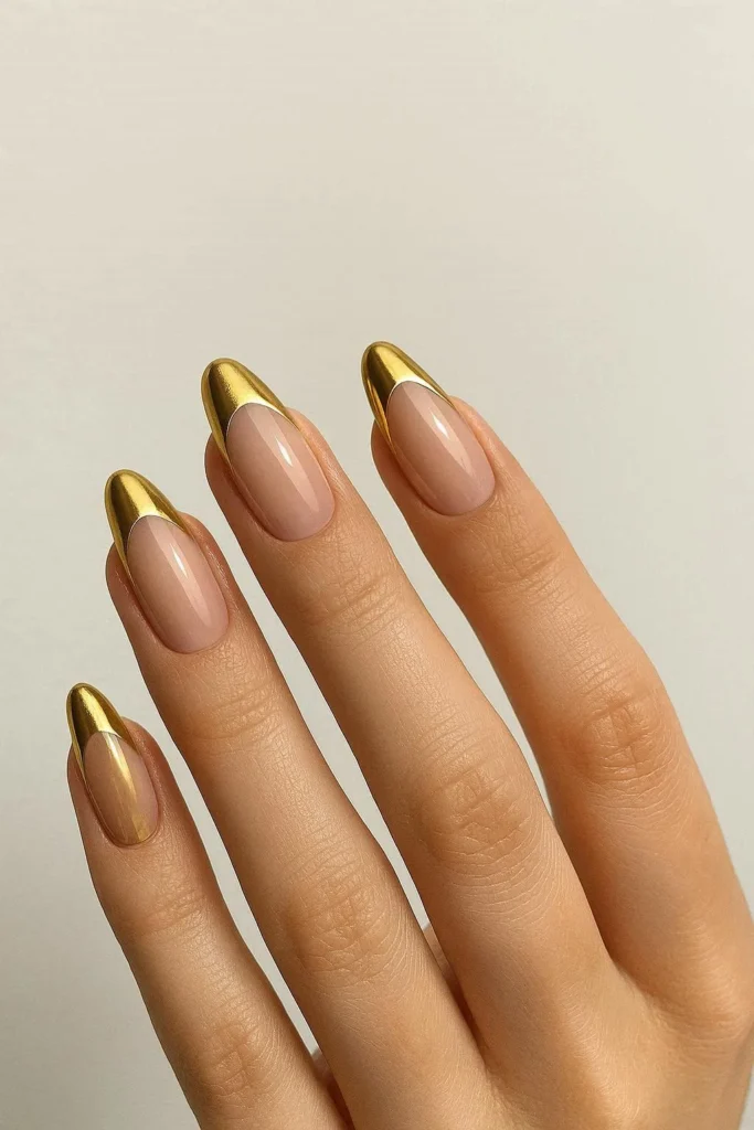 Gold chrome French tip nails with metallic reflective finish