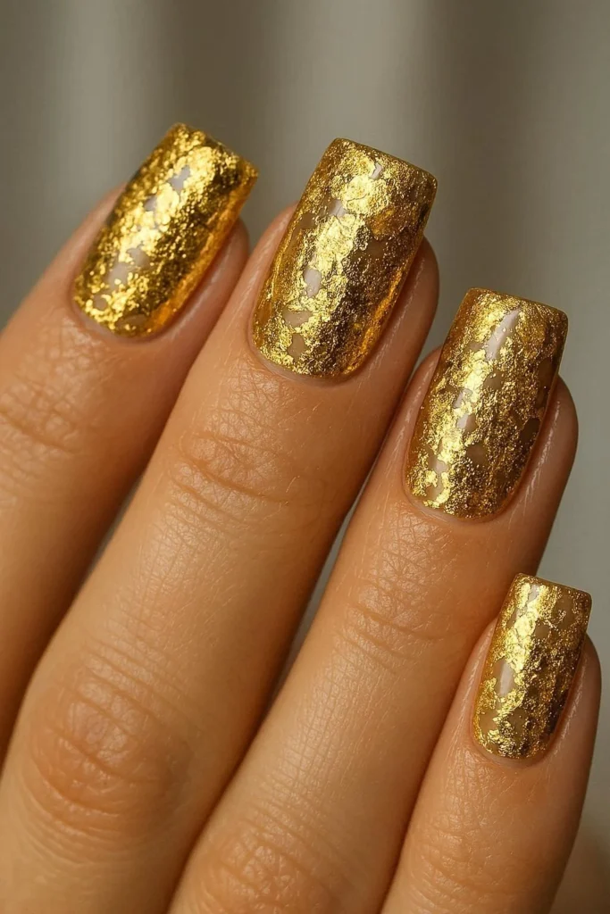  Gold foil square nails metallic luxury editorial nail art