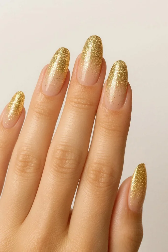 Gold glitter ombre almond nails for Christmas holiday glam