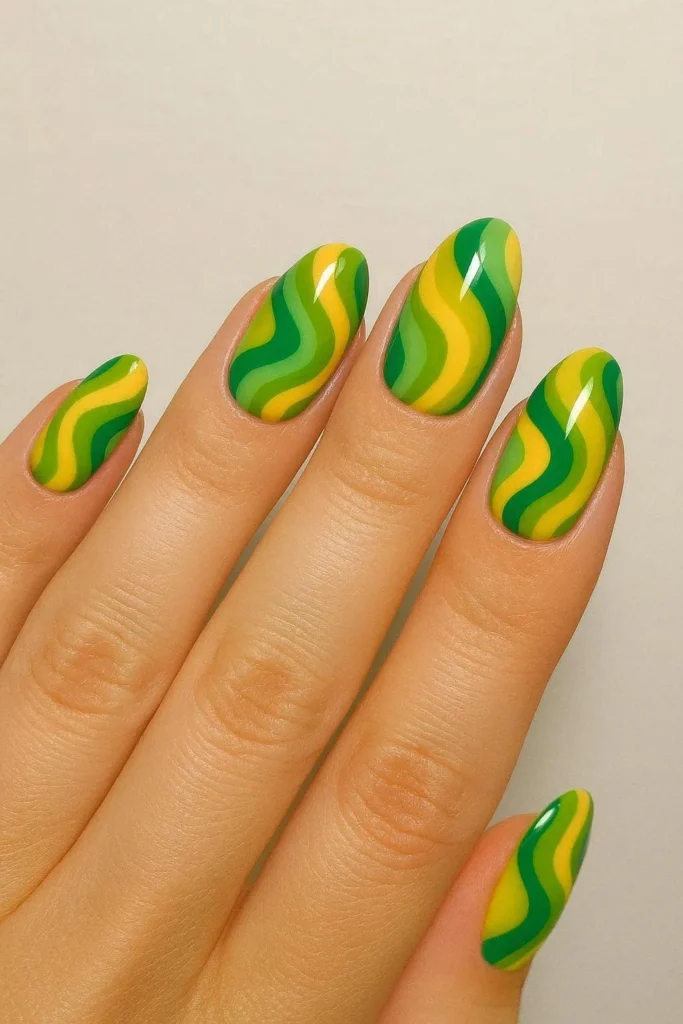 Green and yellow pucci nails inspired by vintage 70s prints