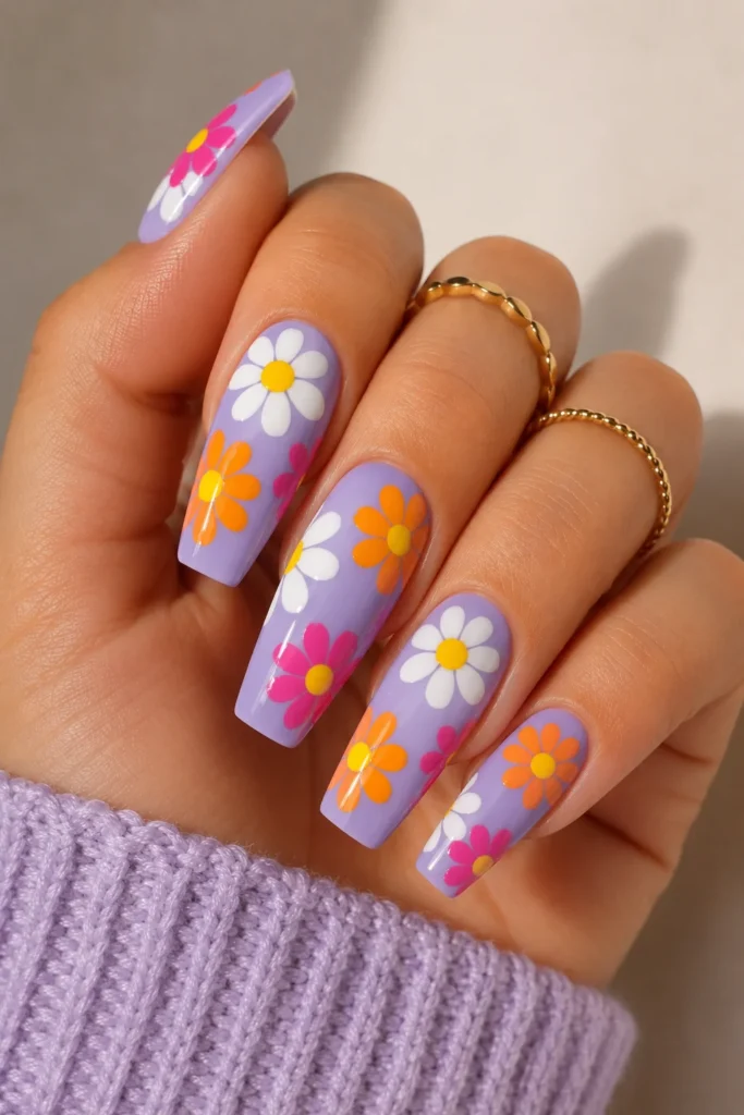 Groovy flower power nails with retro daisies on pastel coffin shape