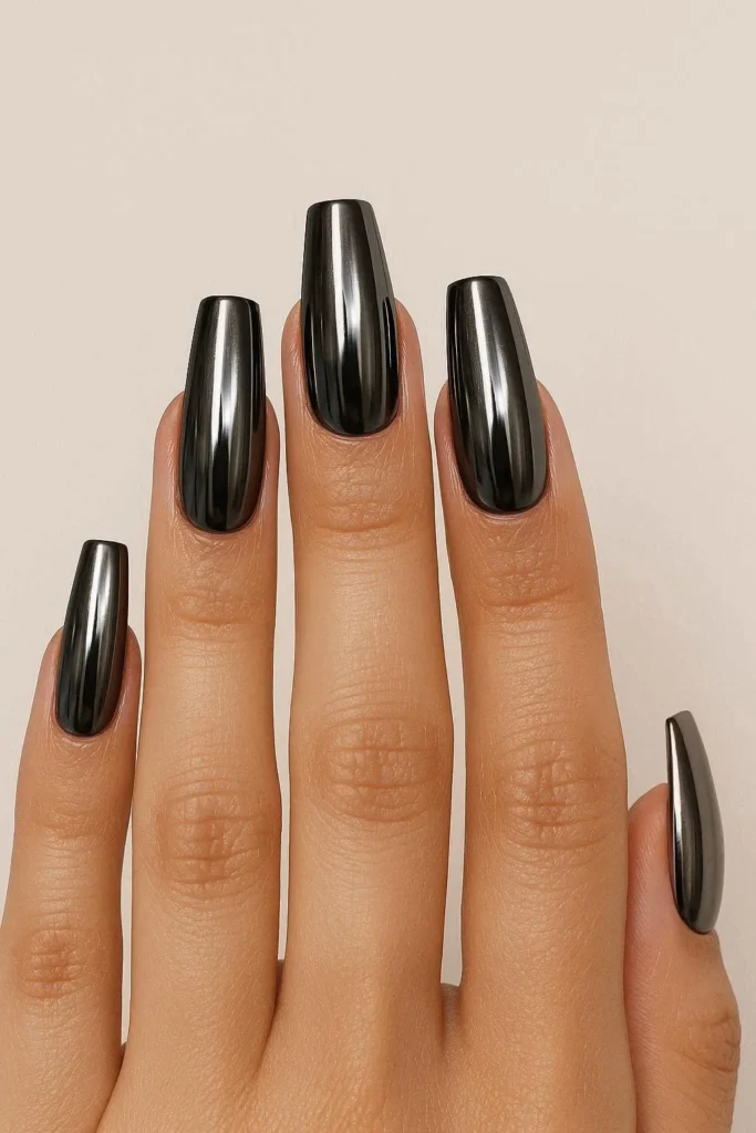 Gunmetal chrome nails with dark smoky metallic reflective finish