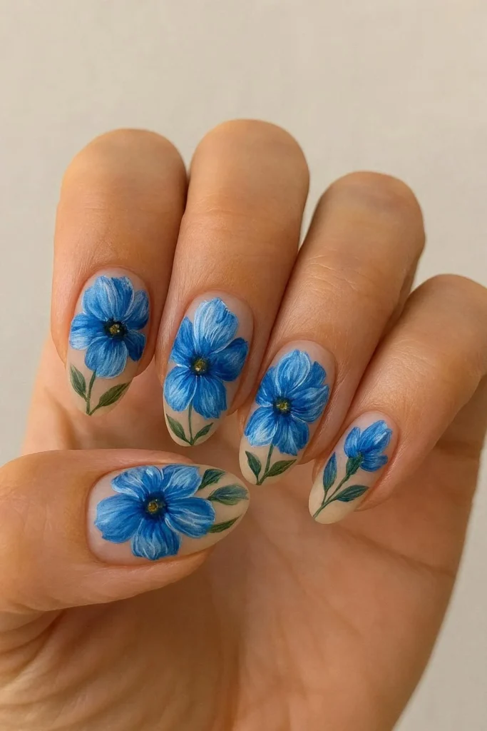 Hand-painted blue floral art nail design 