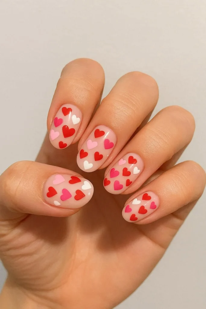 Tiny colorful heart accent nails on glossy pink base