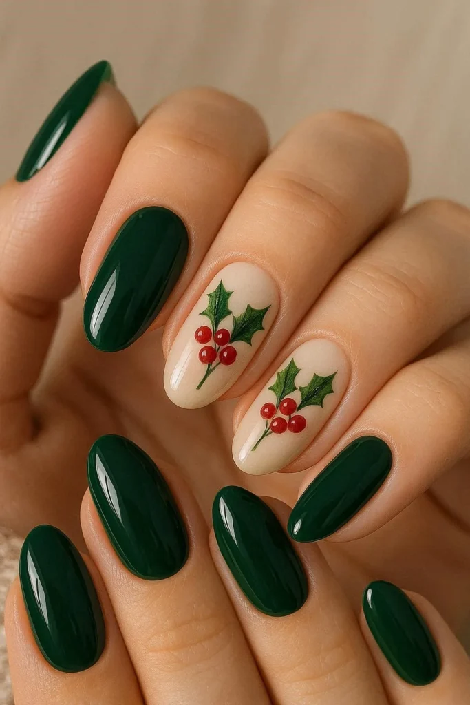 Holly berry hand-painted nail art on deep green base