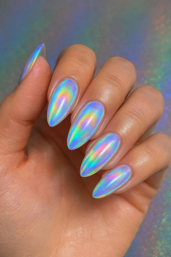 Holographic aura nails for mesmerizing homecoming manicure 
