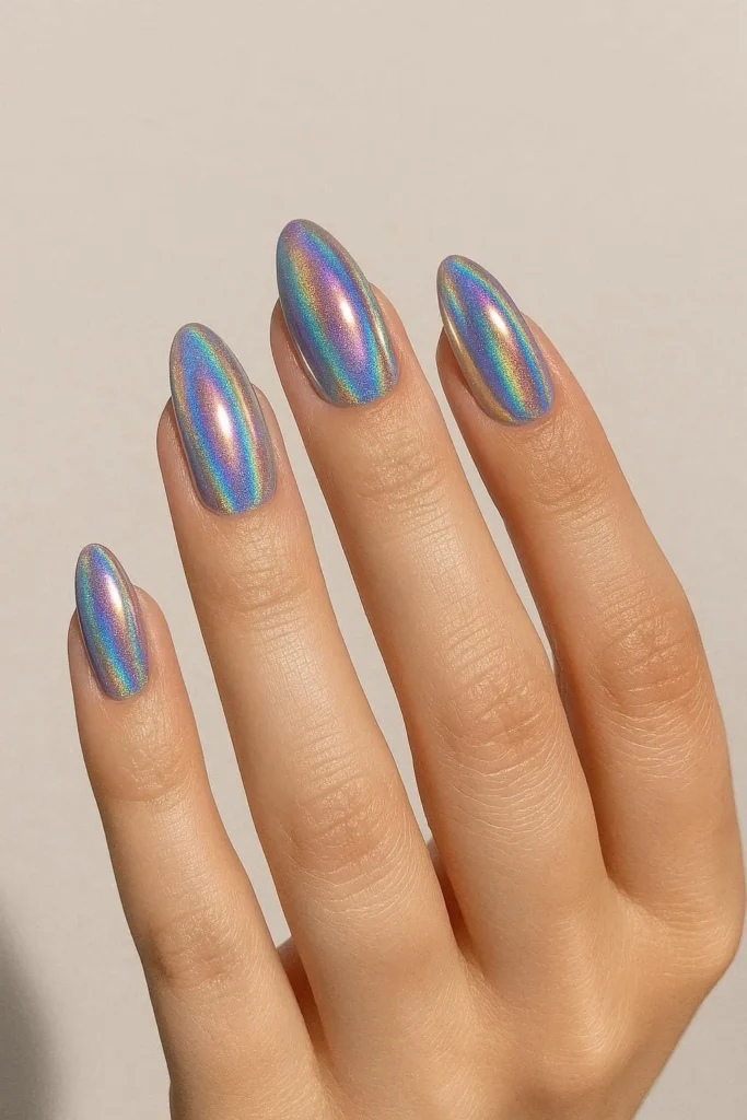 Holographic chrome nails with rainbow reflective finish