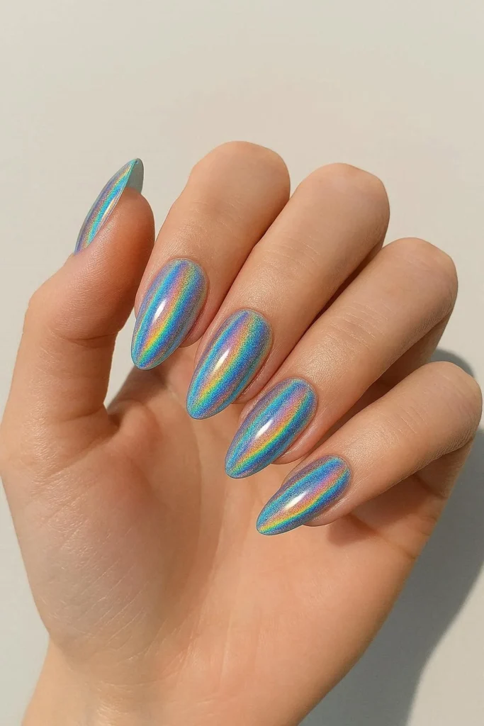  Holographic festival nails with rainbow shifting chrome finish