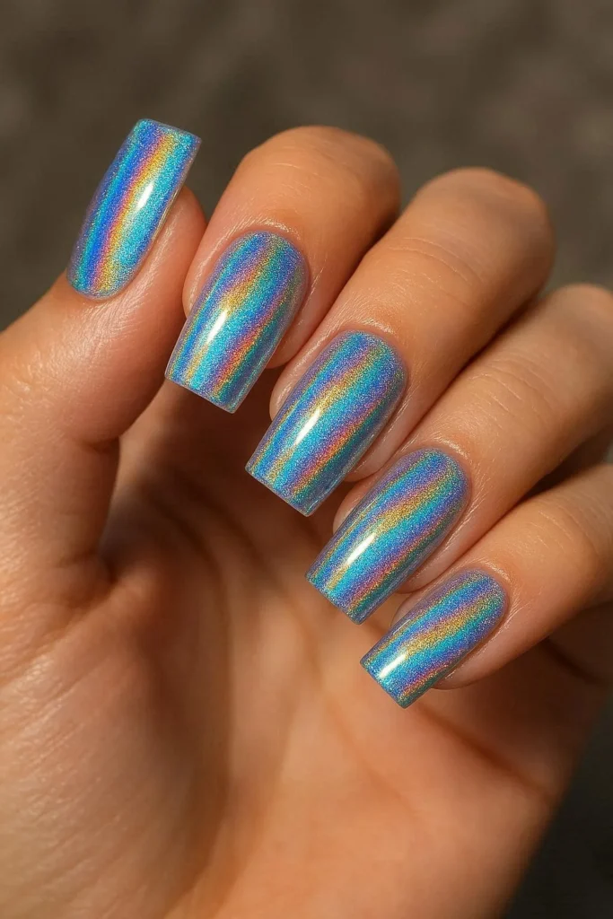 Holographic rainbow square nails prismatic chrome statement manicure 