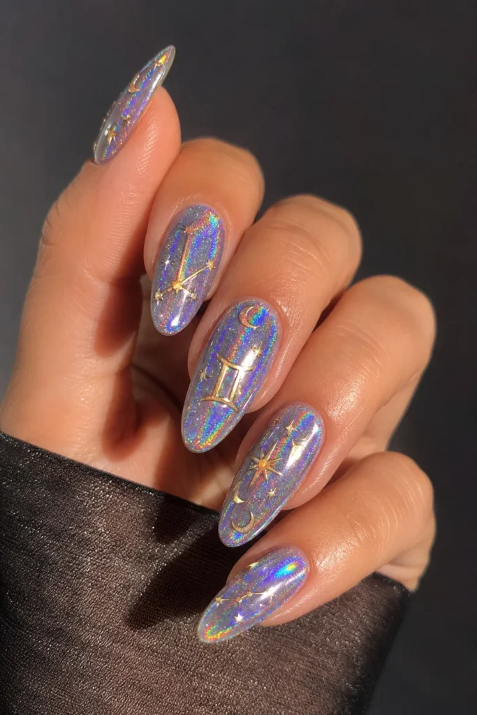 Holographic zodiac nails with reflective prismatic celestial details design