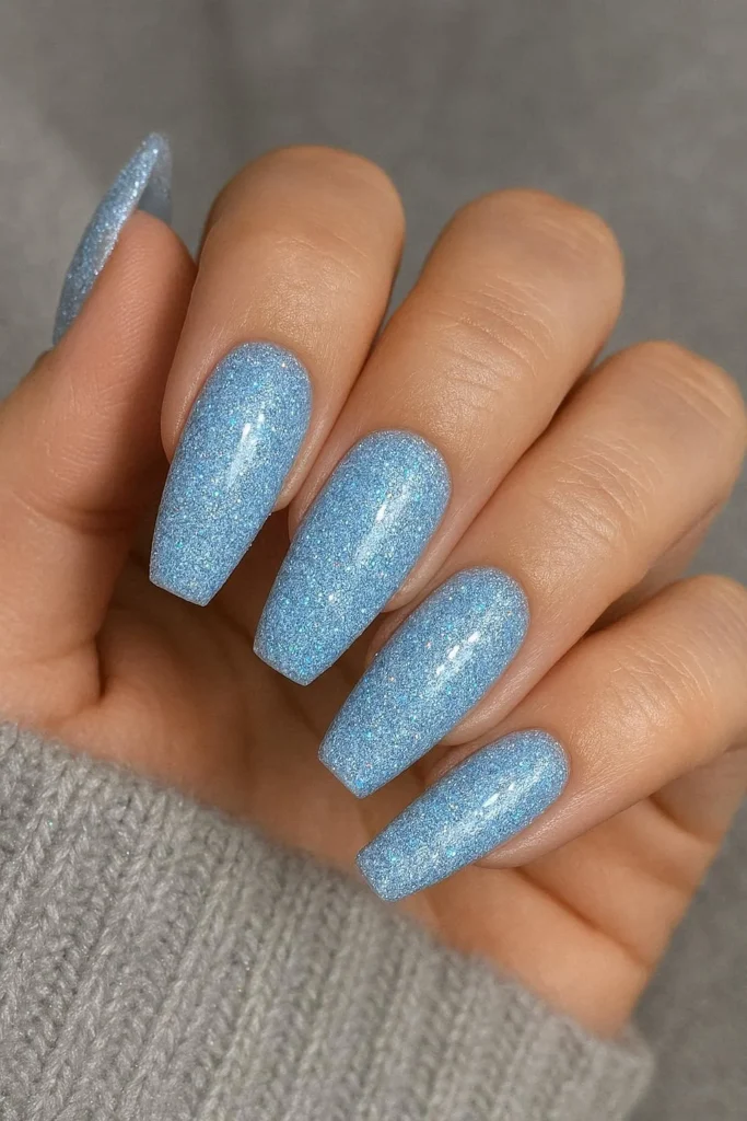 Icy blue glitter holographic nails for winter Christmas party