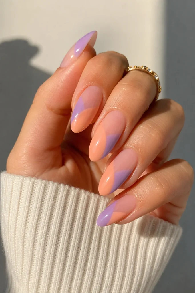 Jelly color block nails in translucent pastel tones on almond shape