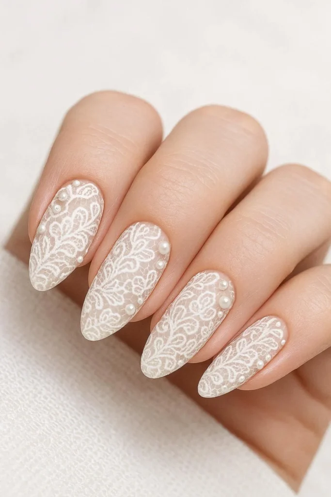 Romantic lace nail designs combined with tiny luminous pearl accents