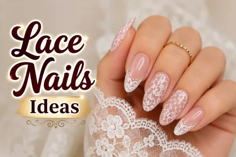 Elegant white lace nail art on nude nails