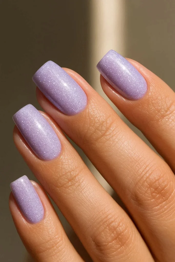Lavender shimmer square nails lilac silver multidimensional finish 