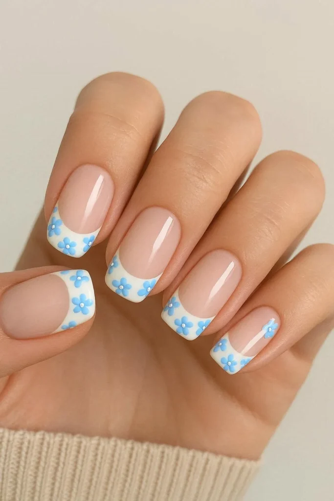 Light blue floral French tip nail design 