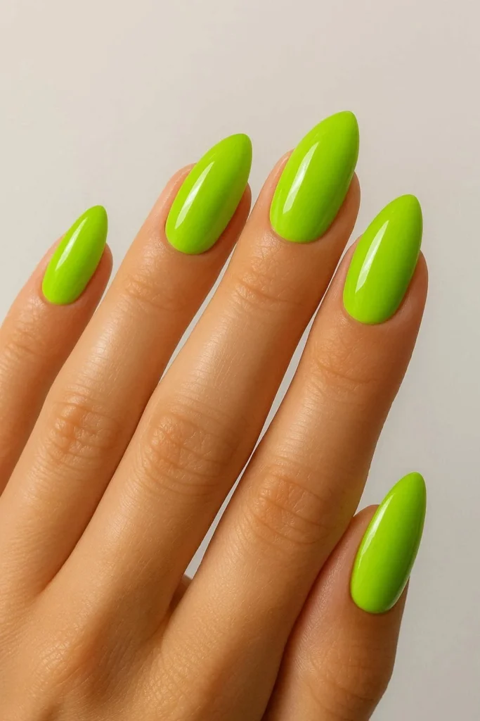 Lime green almond nails in bright zesty electric summer shades